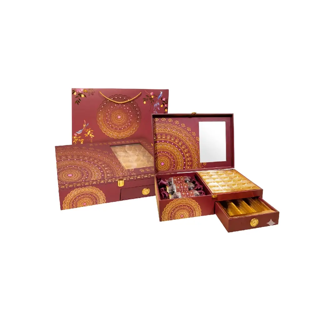 New Project (18) DES - 4 Jar with 6 Cavity & 1/2 Kg Sweet Tray Hamper Box - Image 1